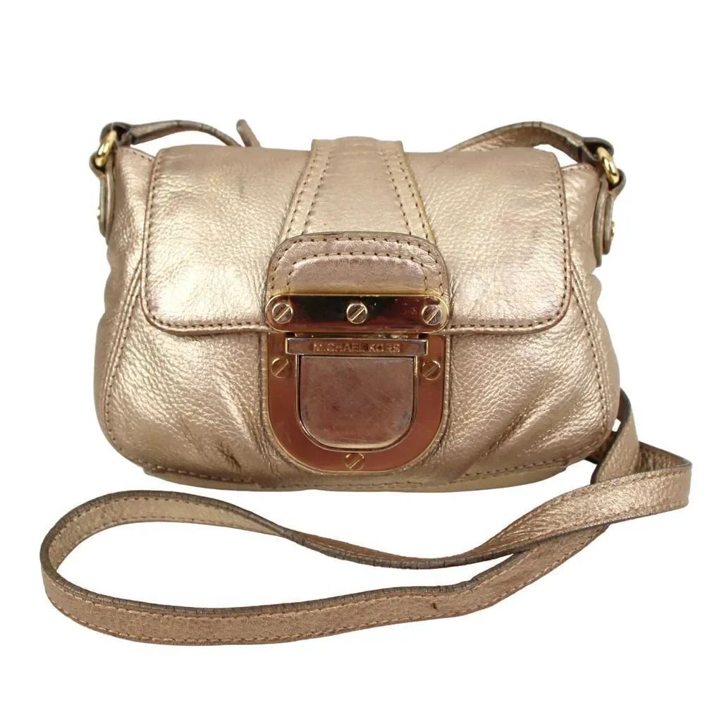 MICHAEL KORS ANTIQUE GOLD GENUINE LEATHER FLAP X-BODY SHOULDER BAG HANDBAG PURSE